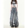 Unisex Wide-Leg Multi-Pocket Ripped Blue Jeans with Deconstructed Ribbon
