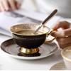1 Set Light Luxury Bone China Coffee Cup and Saucer White/black Grid Tea Cup Gold Edge Inlay Tableware Gift