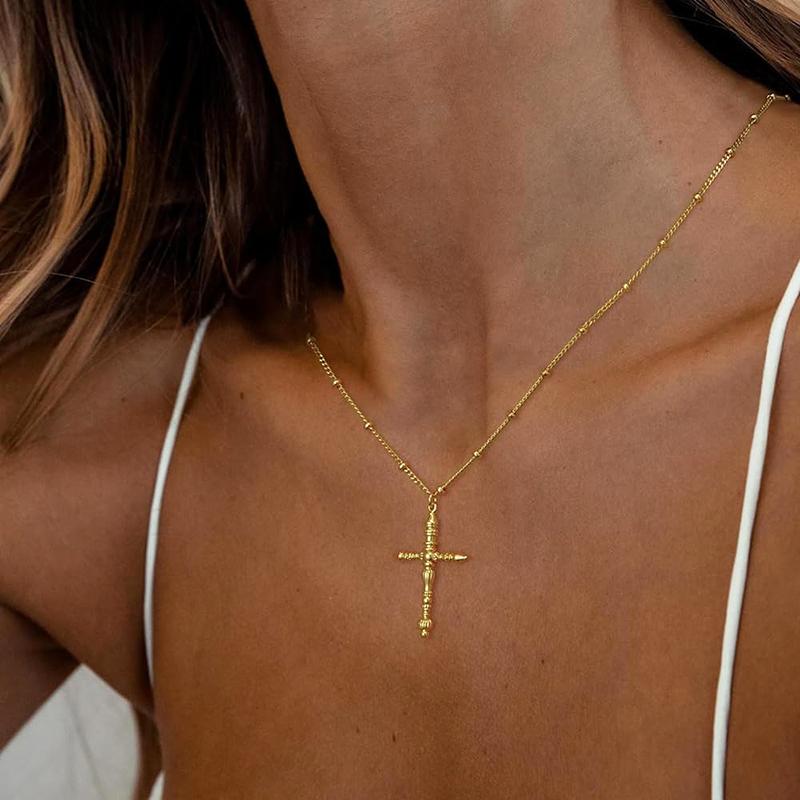 Huitan Cross Shaped Women Pendant Necklace Gold Color Party Daily Metal Accessories Fashion Luxury Modern Style Lady JewelryGood product