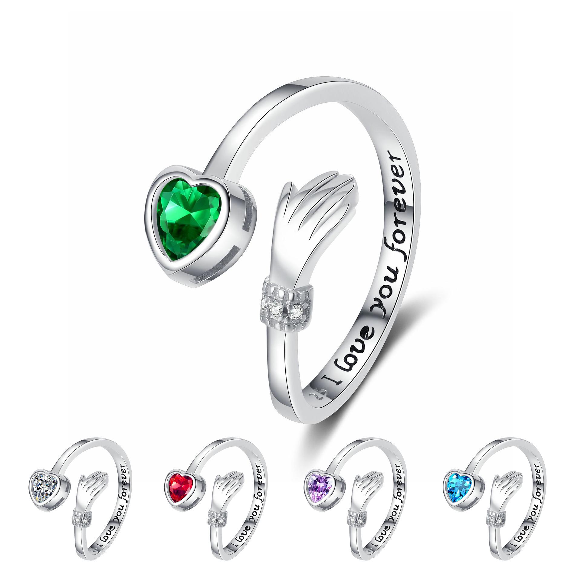 Diamond-Studded Heart Hug Ring with Engraved Letters and Birthstone for Couples Adjustable белый/алмаз