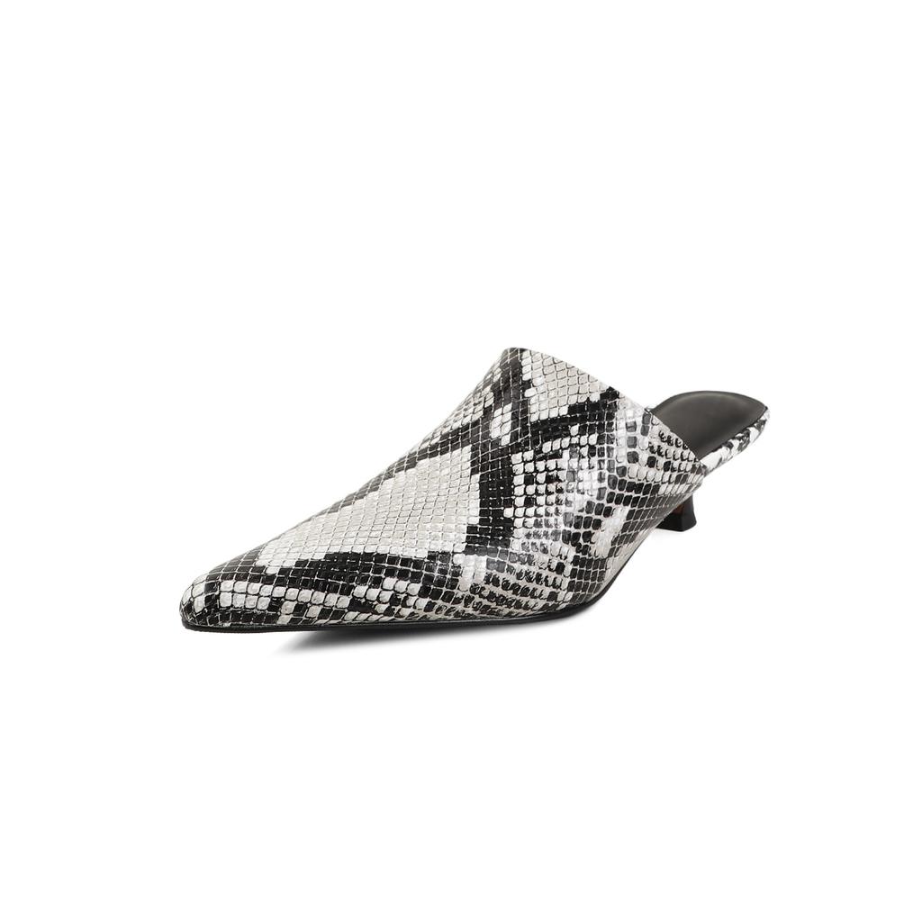 Fashion 2025 New Mueller Slippers Genuine Leather Women Shoes Sexy Pointed Toe Summer Shoes Ladies Snake Pattern Black White Party Shoes