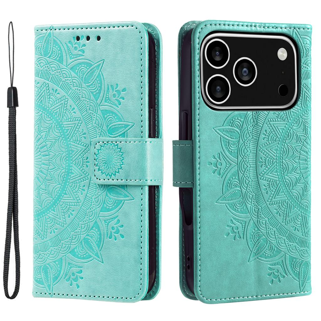 For iPhone 17 Pro Stand Case Imprinted Totem PU Leather Wallet Phone Cover with Wrist Strap