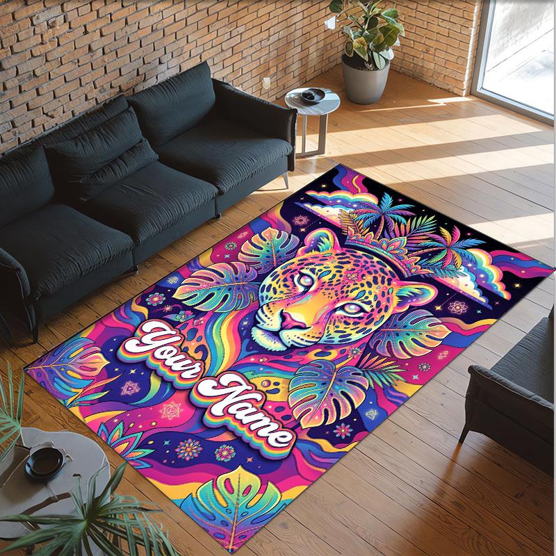 Leopard Theme Crystal Velvet Floor Rug Personalized Custom Name Text Warm Carpet Home Decoration