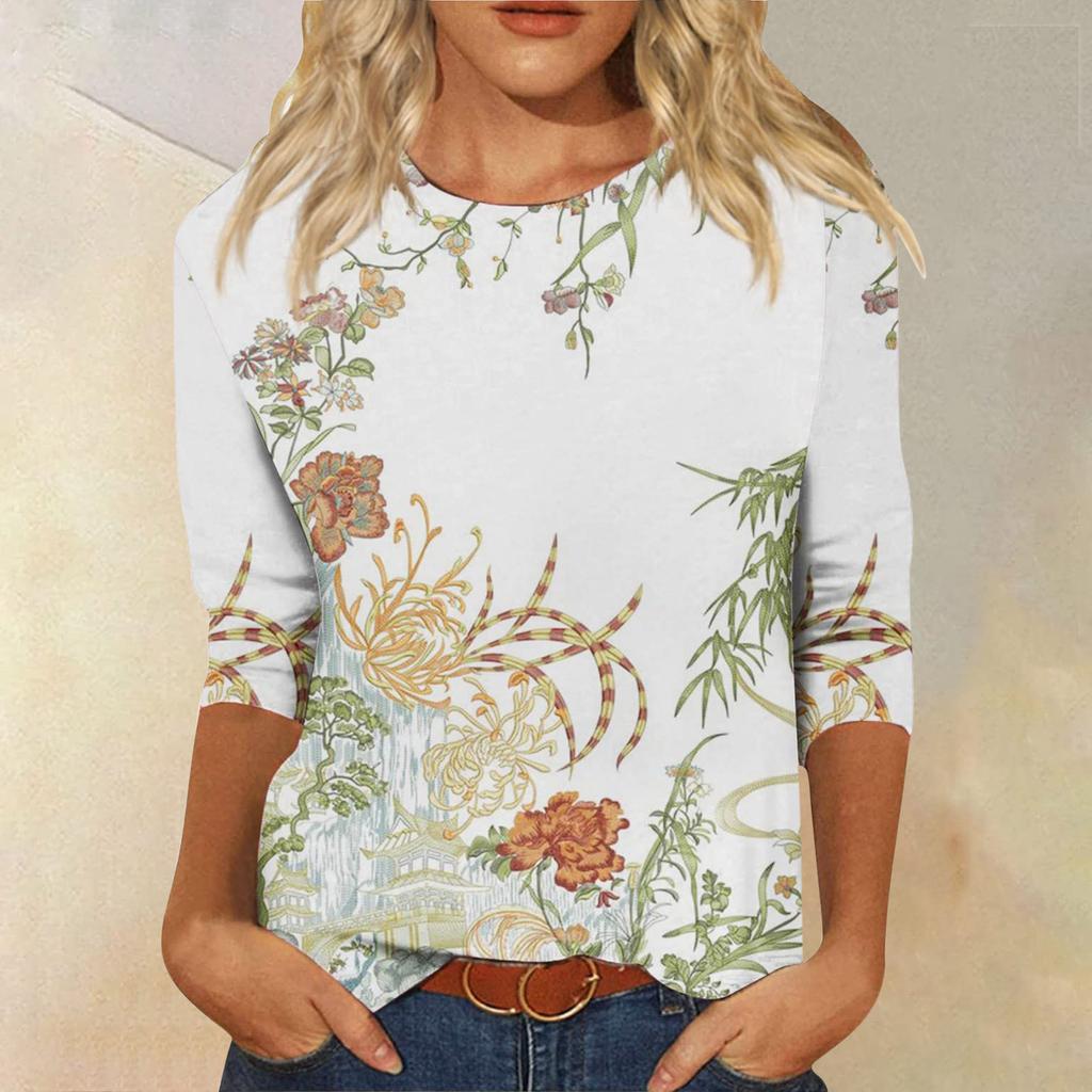 Vår och Höst Rundhals Blommönster 3D Kreativ Personlig Färgglad Tryckt Topp Trendig Casual Långärmad Dam T-shirts
