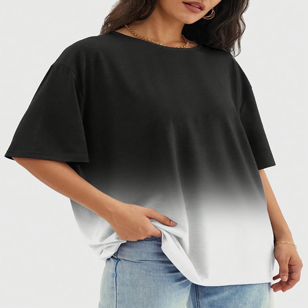 

Women s gradient round neck short-sleeved T-shirt, casual loose sports top, soft, comfortable and versatile 5XL