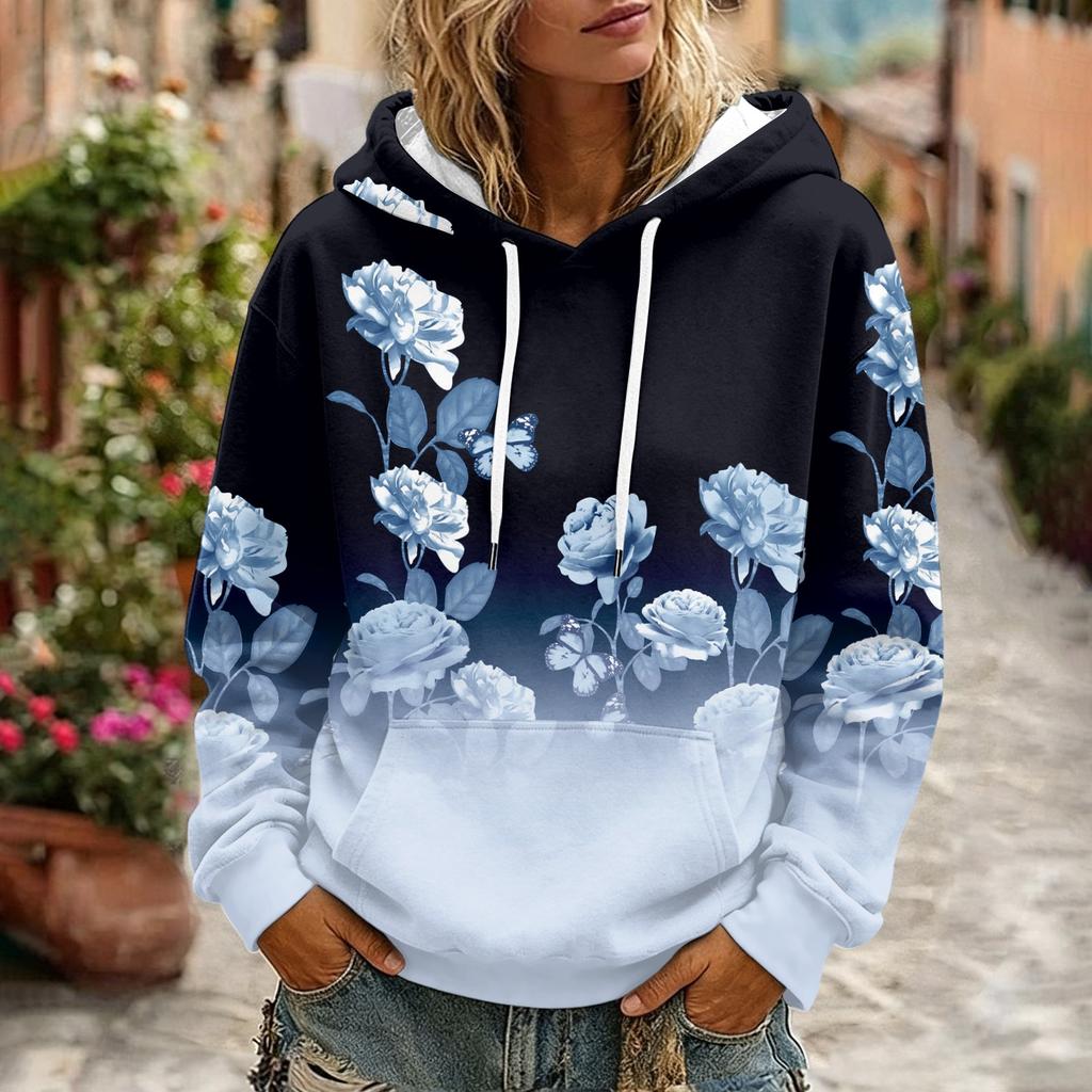 Women's Floral Print Long Sleeve Hoodie with Pockets and