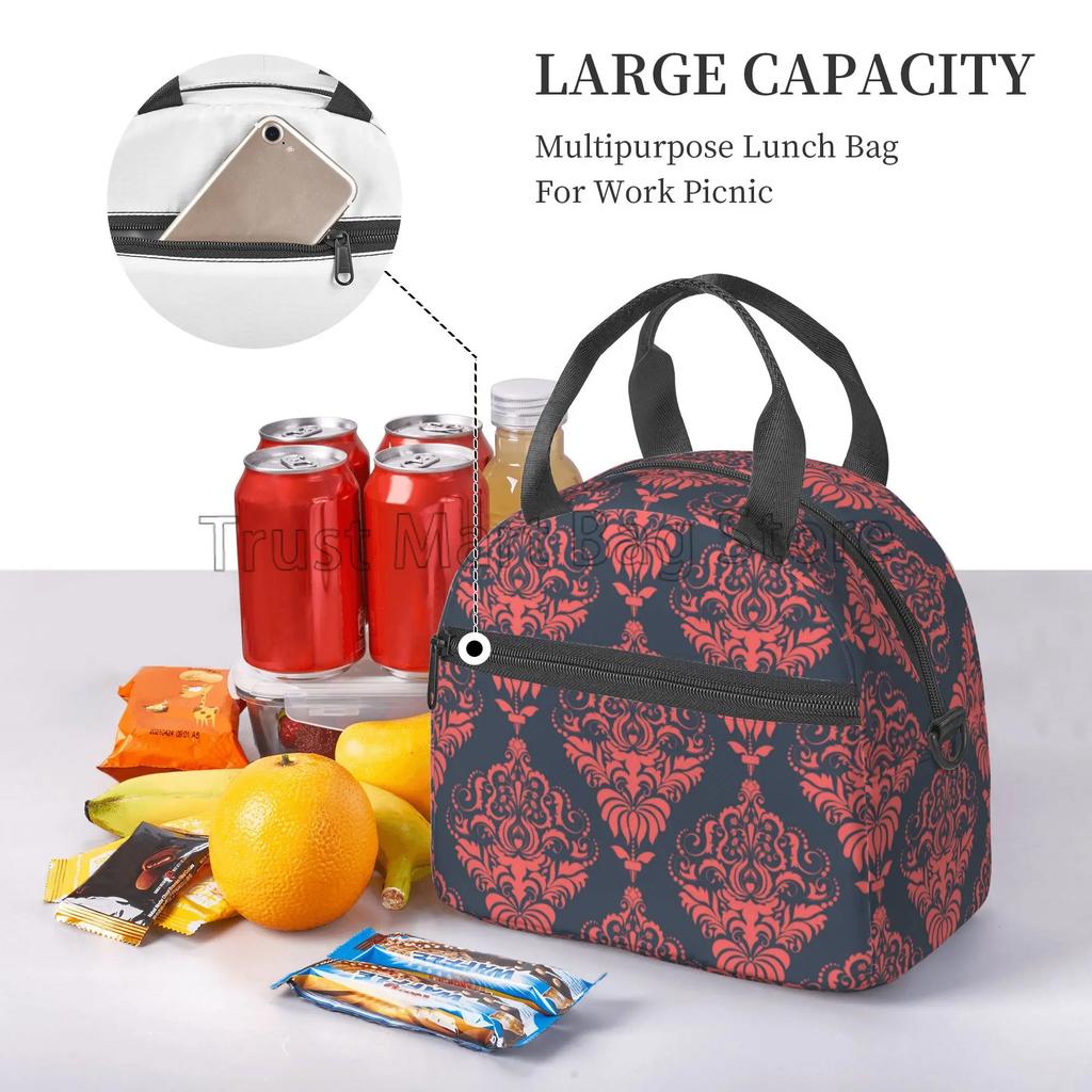 Baroque Damask Luxury Pattern Insulated Lunch Bag for Women Men Resuable Portable Bento Tote Bags with Adjustable Shoulder Strap
