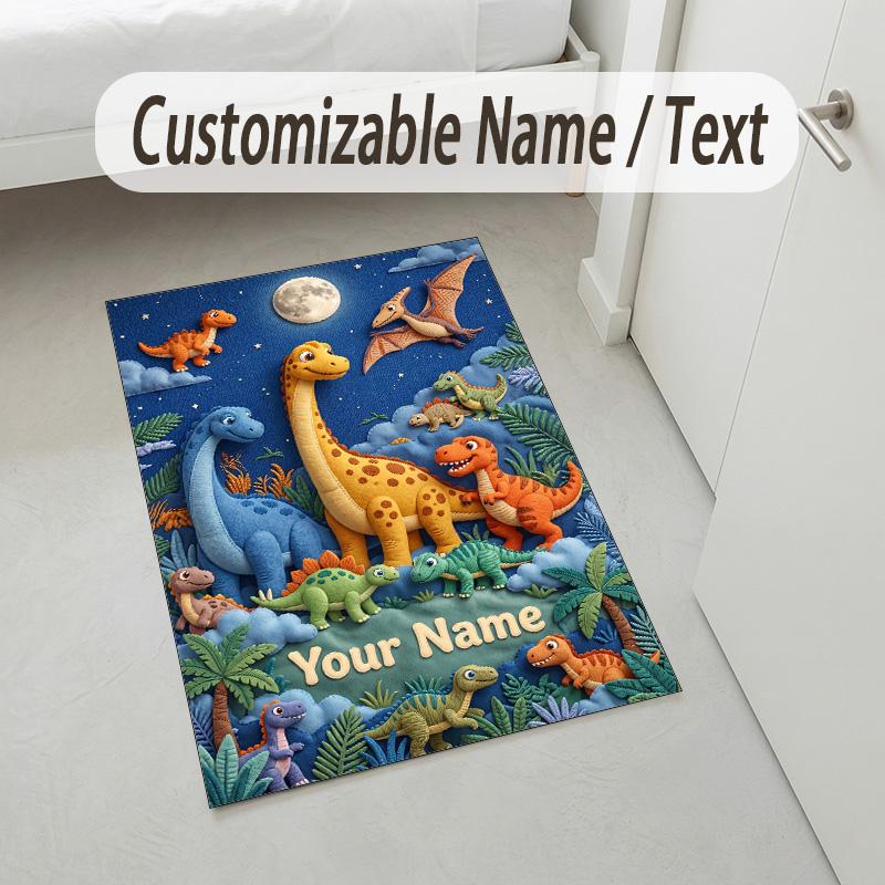 Dinosaur Theme Crystal Velvet Rug Personalized Custom Name Text Soft Floor Mat Home Decor