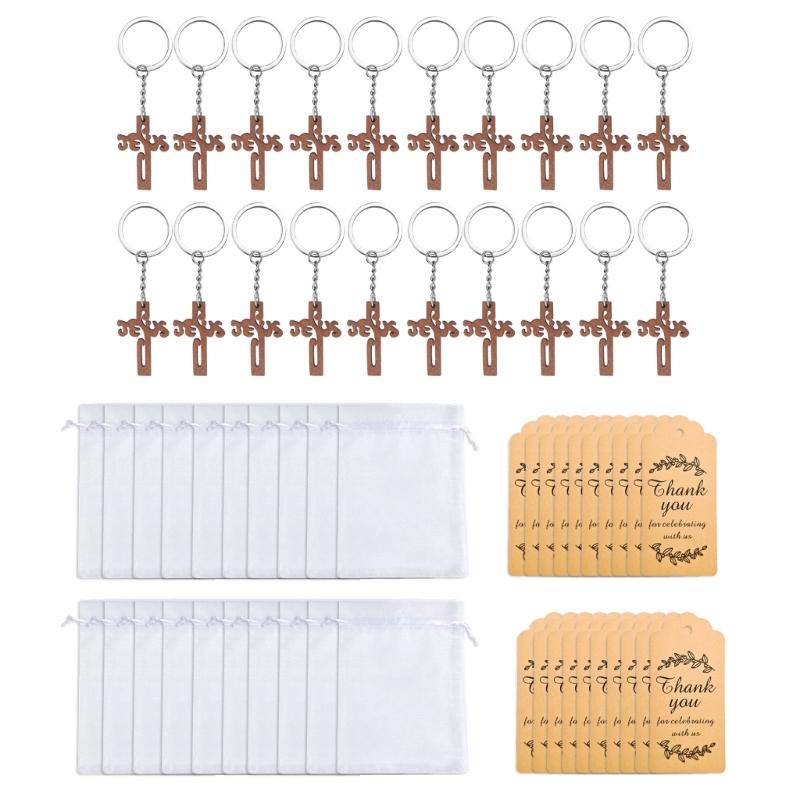 20PCS Wooden Crucifix Keychains for Baptism Communion Religious Gifts with Natural Finish Handcrafted Baptism Favors 1
