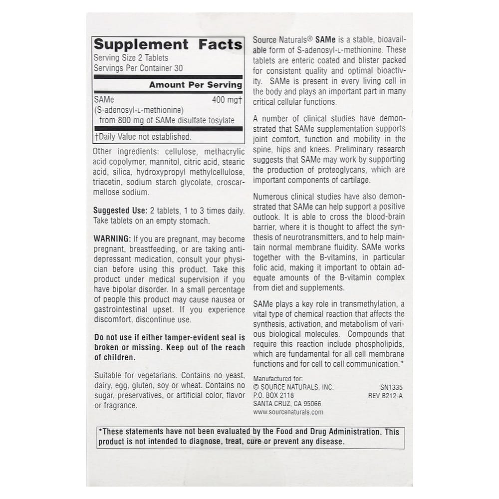 Source Naturals SAMe (S-Adenosyl-L-Methionine) 200mg Enteric-Coated Tablets, 60 Count