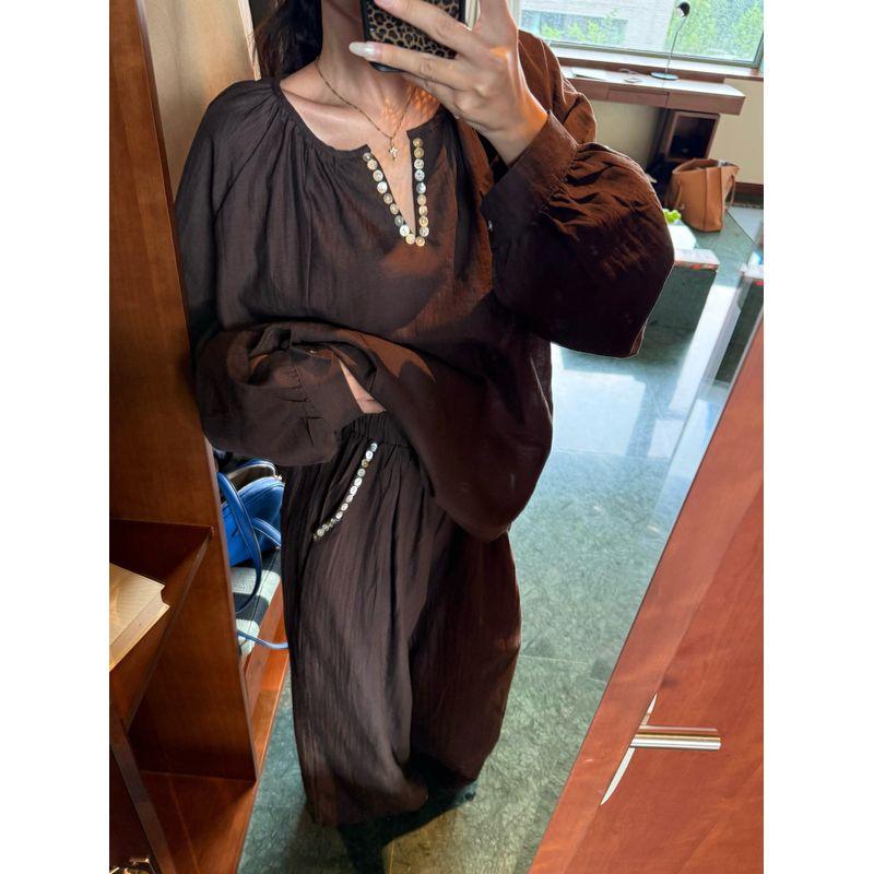 Kumikumi Design Sense Black Pleat Thin Long Sleeve Shirts Women Autumn Slimming Casual Pants Trousers Two-piece Set