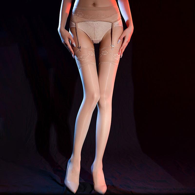 Sexy Women Tights Pantyhose Oil Glossy Open Crotch Thigh High Stockings Integrated Garter Belt Long Socks Women Exotic Lingerie