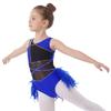 Girls Latin Dance Rhinestone Feather Asymmetrical Sleeveless Press Button Crotch Mesh Bodysuit
