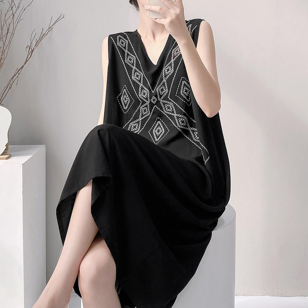 Literary style embroidered cotton silk nightdress women's summer artificial cotton with chest pad pocket loungewear can be worn outside dress thin