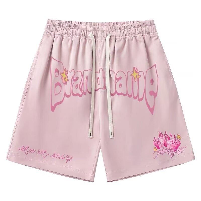 Simple Letter Printed Drawstring Pink Shorts Men's Summer New Straight-leg Slim Casual Five-point Pants