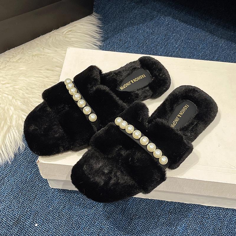 Korean version of fairy wind fluffy slippers female outer wear 2025 autumn and winter new Internet celebrity super fire fashion flat bottom cotton dra