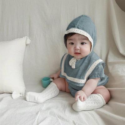 2024 Summer Large Collar Lace Cotton Baby Romper & Hat Set