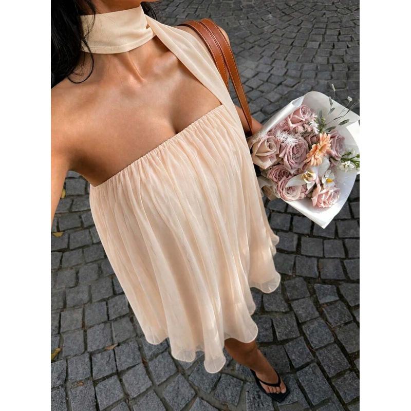 Europe, America 2026 summer new pure desire sexy one-word shoulder loose temperament fashion dress women XXS абрикосовый