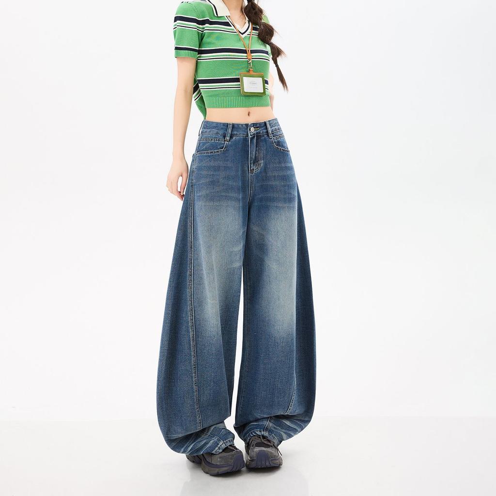 Spring Summer Vintage Saber Cut Heavy Patchwork Tencel Lyocell Casual Loose Silhouette Denim Pants For Ladies Casual Pants Oversize Denim Trousers