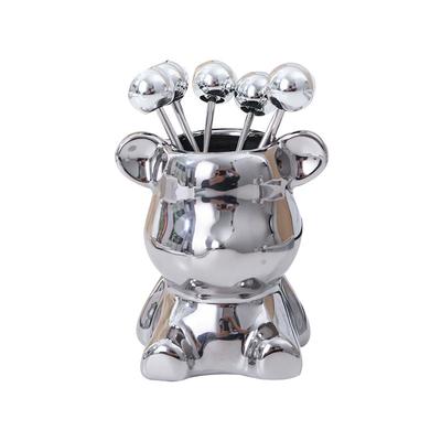 Fruit Fork Storage Jar Cute Animal Shape Ceramic Fork Holder Jar with 6 Stainless Steel Fruit Fork