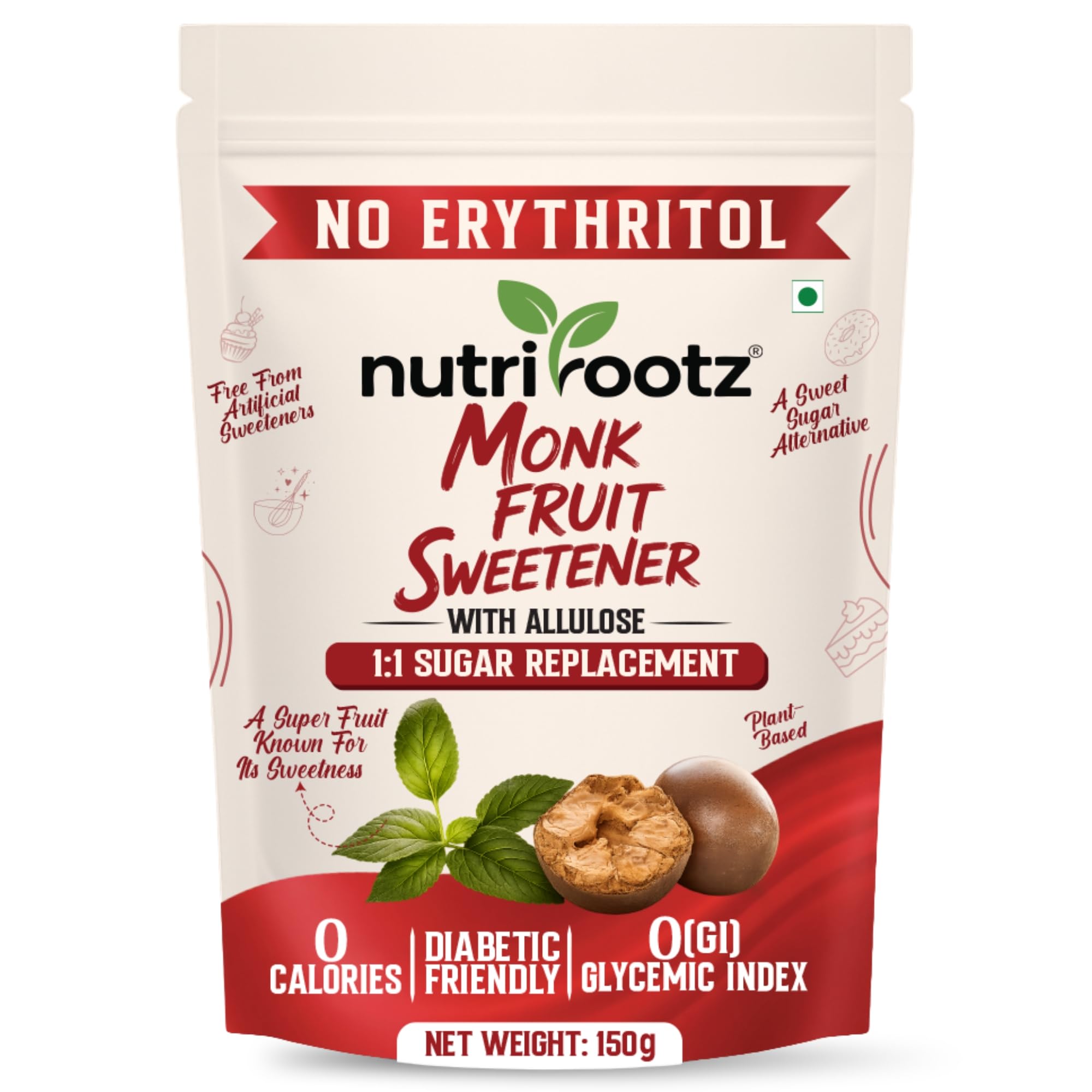 Nutrirootz Monk Fruit Sweetener with Allulose 150g | No Erythritol | Zero Calorie Sweetener, No Aftertaste, 0 Glycemic Index | 1:1 Sugar Substitute