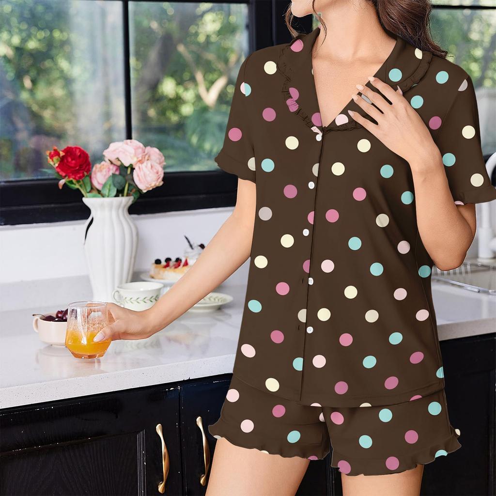 Women Polka Dot Short Sleeve Pajama Set Button Front Two Piece Ruffle Collar Top and Shorts Loungewear Sleepwear Set