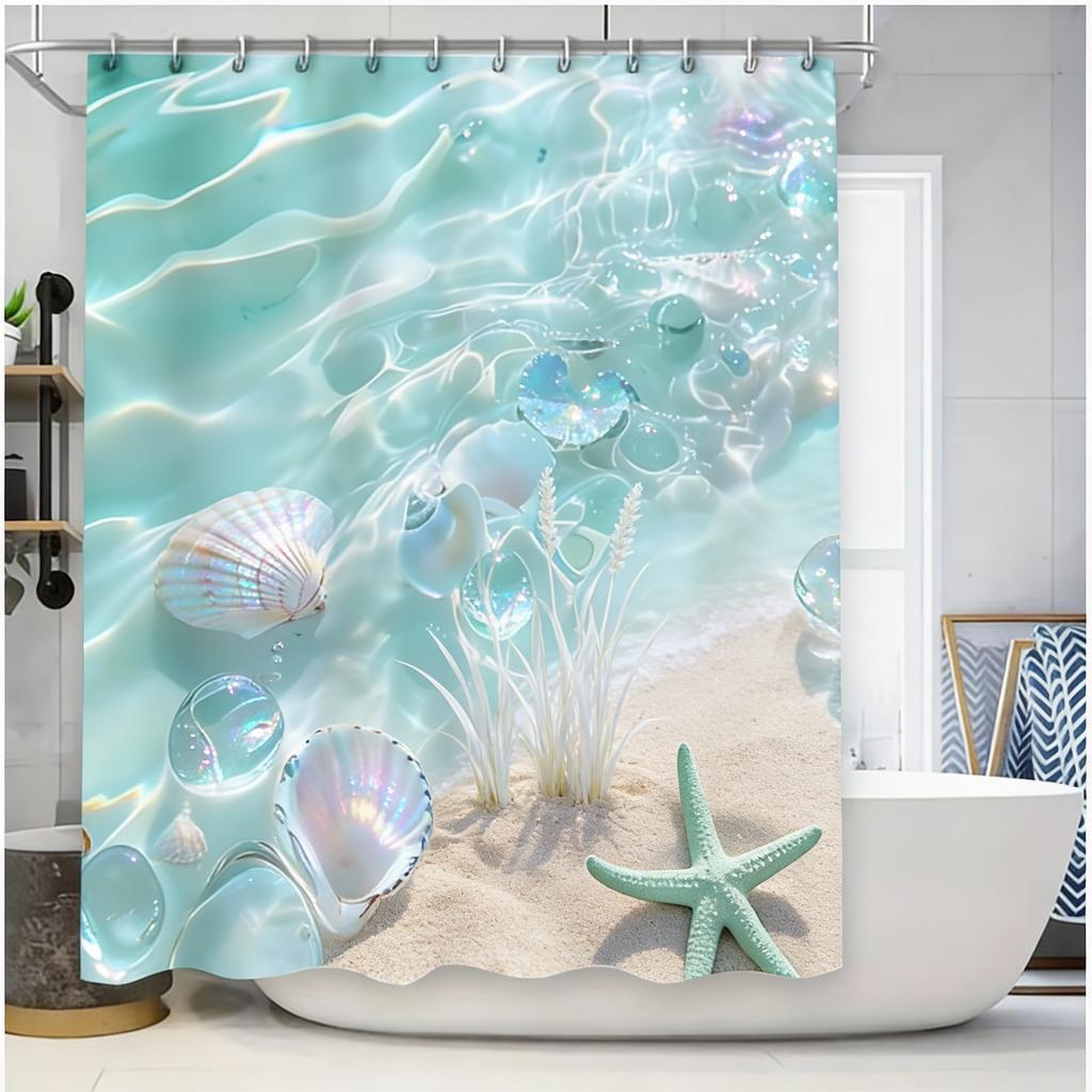 Beach Themed Shower Curtain With Sea Shells And Blue Starfish Design - Watercolor Effect For Home Bathroom Decor Elevate Space