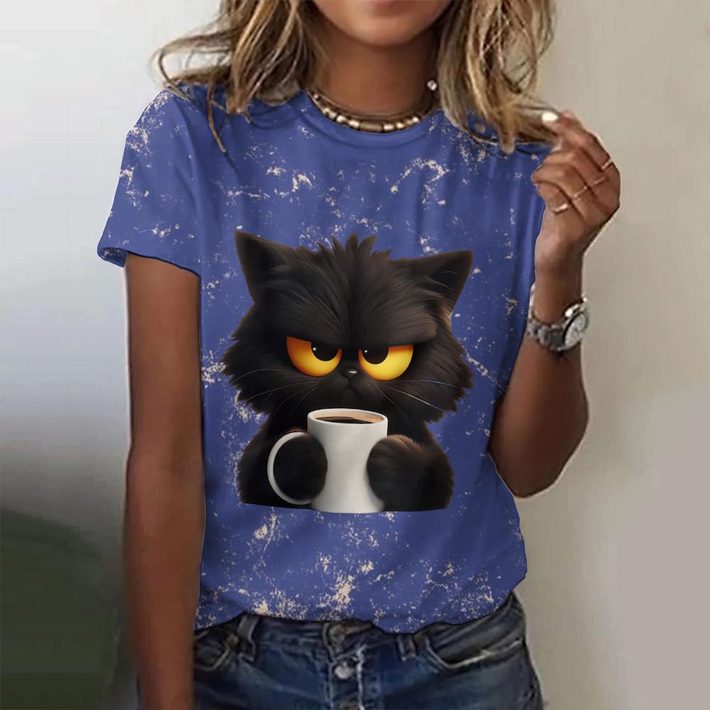 Cute Cat Printing Women's T-Shirts Fashion Top Casual Short Pullover Sleeved Teacup Pattern O-Neck Tee Shirt Female Clothing