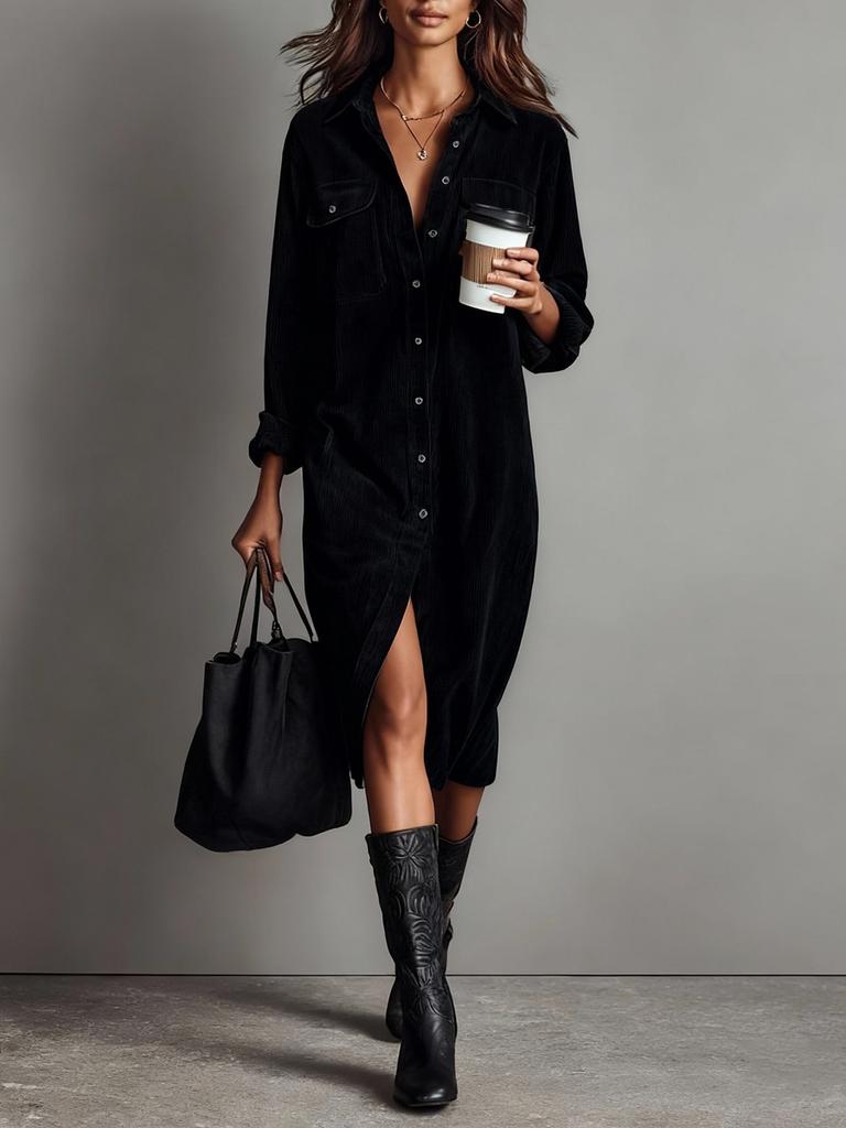 New Solid Velvet Long Sleeve Stand Collar Shirt Loose Maxi Dress
