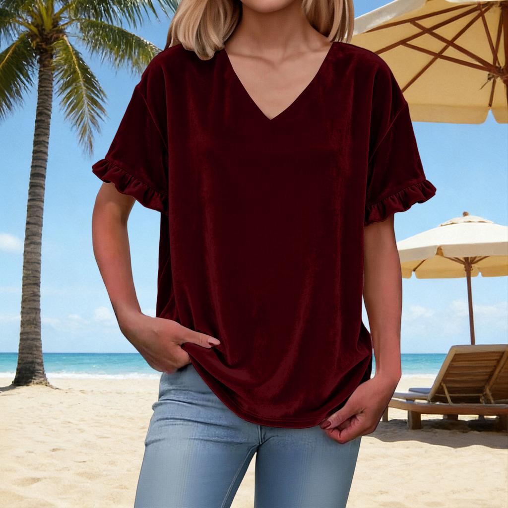 Women's Fashion V-Neck Short-Sleeve T-Shirt: -Color, Loose-Fit Casual Top