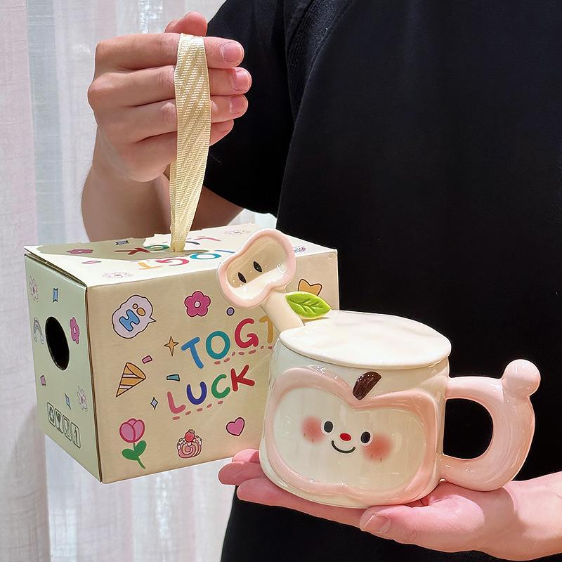 Cute Apple Ceramic Mug with Lid Spoon Men and Women High Looking Couples Office and Household Drinking Water Birthday Gift