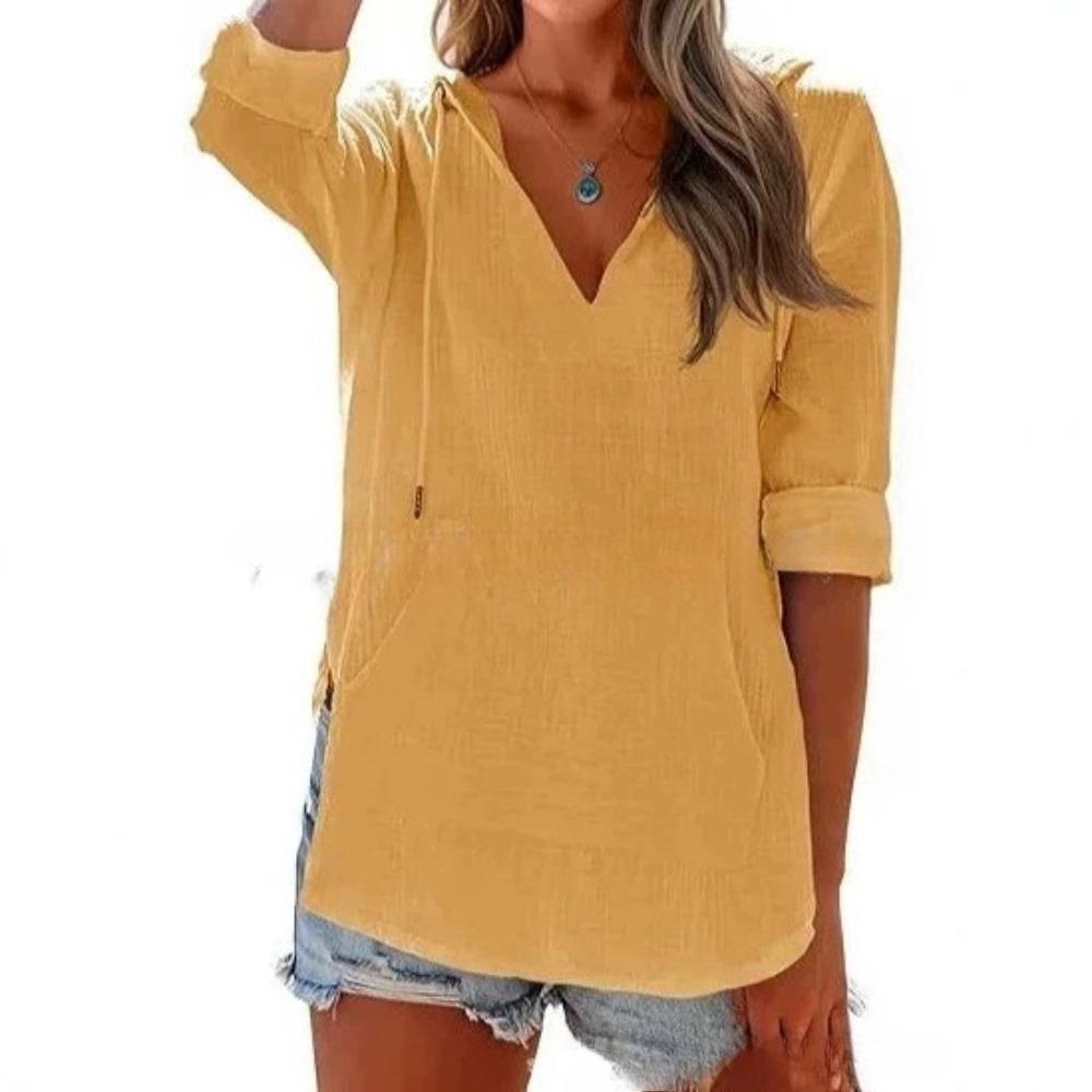 Spring and Summer Beach Cover-Up Hooded Long-Sleeved V-Neck Pockets Hooded Shirt for Women