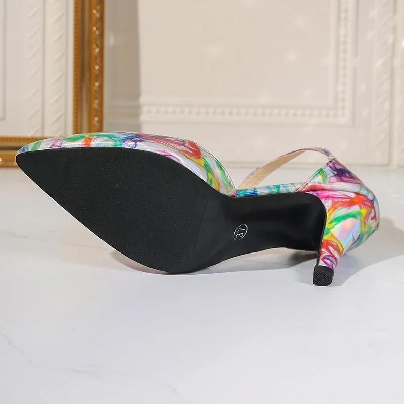 2024 New Women's Shoes Glossy Printed Pointed Toe High Heels Sandals Women's Party Baotou Sexy Patent Leather Stilettos