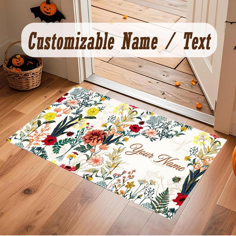 Floral Garden Theme Crystal Velvet Floor Rug Personalized Custom Name Text Warm Carpet Home Decoration