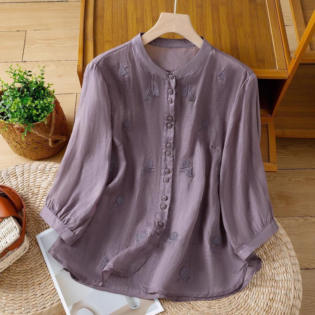 Retro Cotton and Linen Embroidered Shirt Women's Summer Western Style Thin Linen Small Shirt Three-quarter Sleeve Top