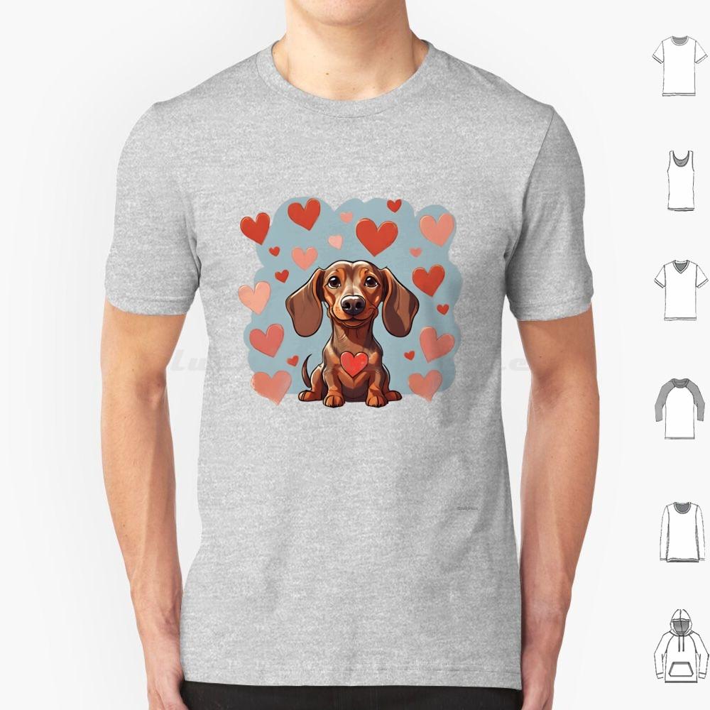Cute Valentine Daschound Dog T Shirt Cotton Men Women DIY Print Dog Breeds Cute Dog Dog With Hearts Valentine Dog Animals