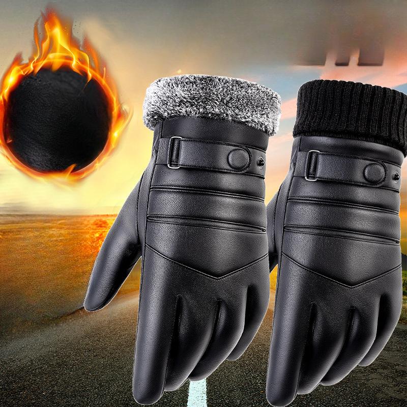 Warm Leather Gloves for Men Outdoor Skiing Cycling and Cycling Plus Velvet Thickened PU Washing Leather Winter Touch Screen Gloves