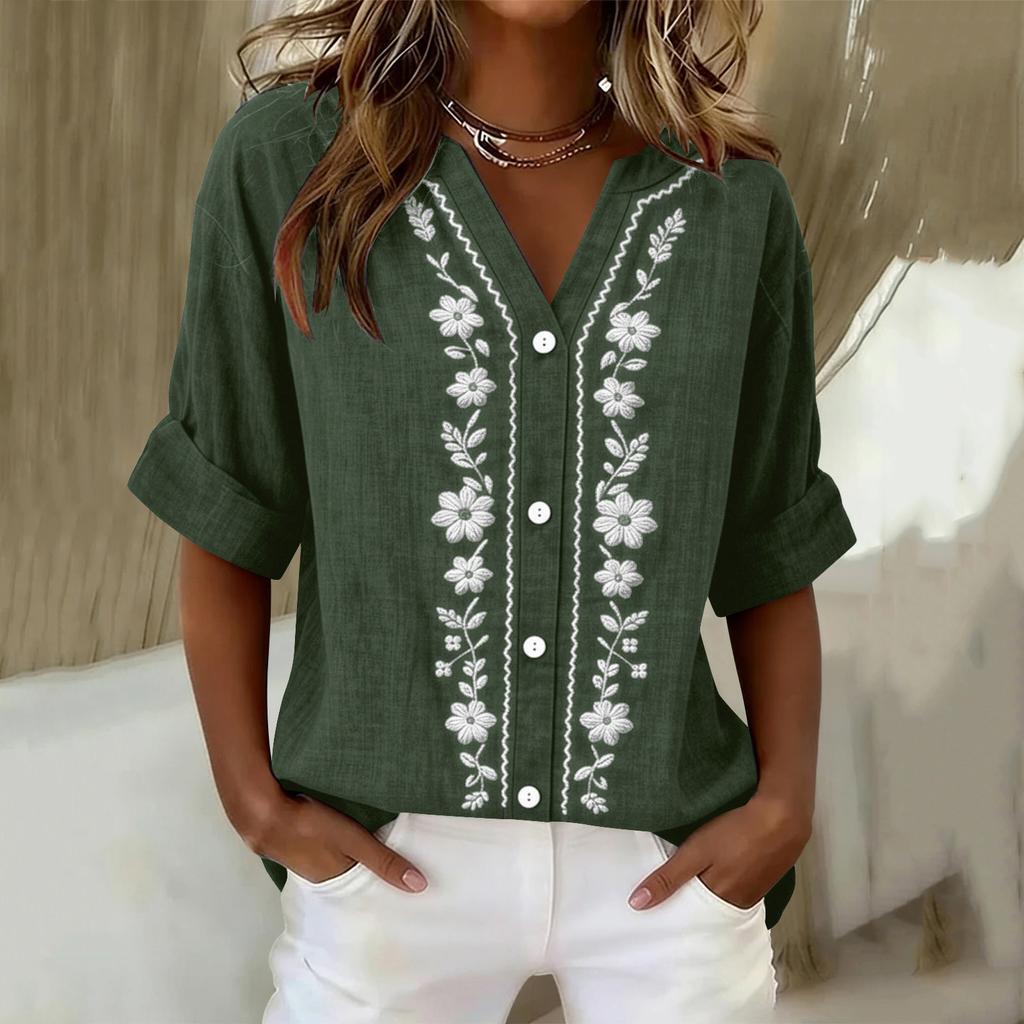 Women's Long Sleeve Button Down Blouse - Color Round Neck with Embroidery, Casual and Daily Wear Top for Women