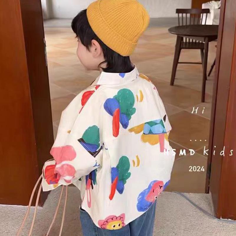 Cute Boys Cartoon Print Shirt Spring Autumn Long Sleeve Top Trendy Casual Blouse For Little Kids