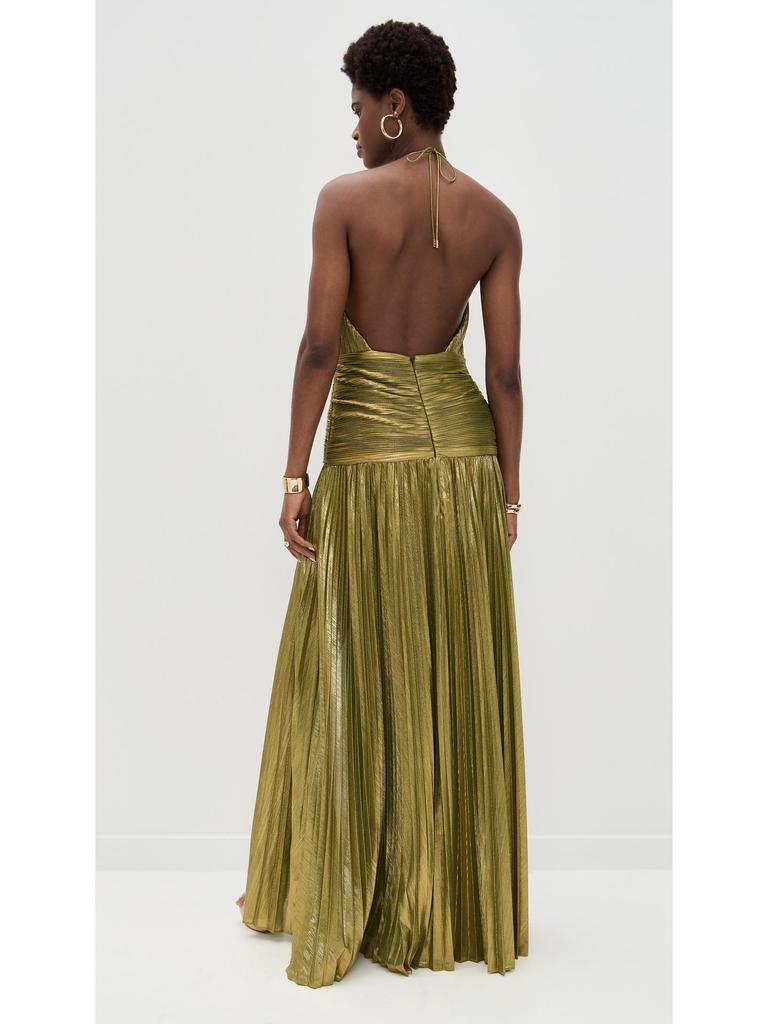 European and American Women's Metallic Pleated Slit Halter Dress 8155 - Sleeveless & Backless