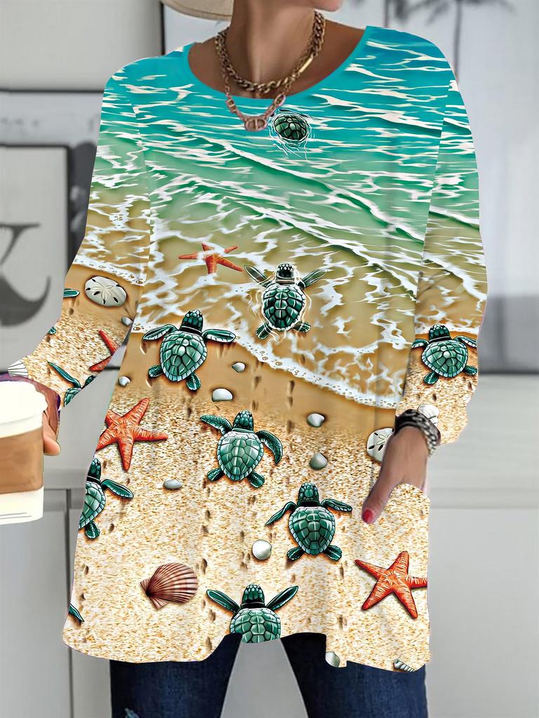 2025 Autumn Winter New Plus Size Women's Tops, Sea Turtle 3D Print Fashion Crew Neck Long Sleeve T-Shirts