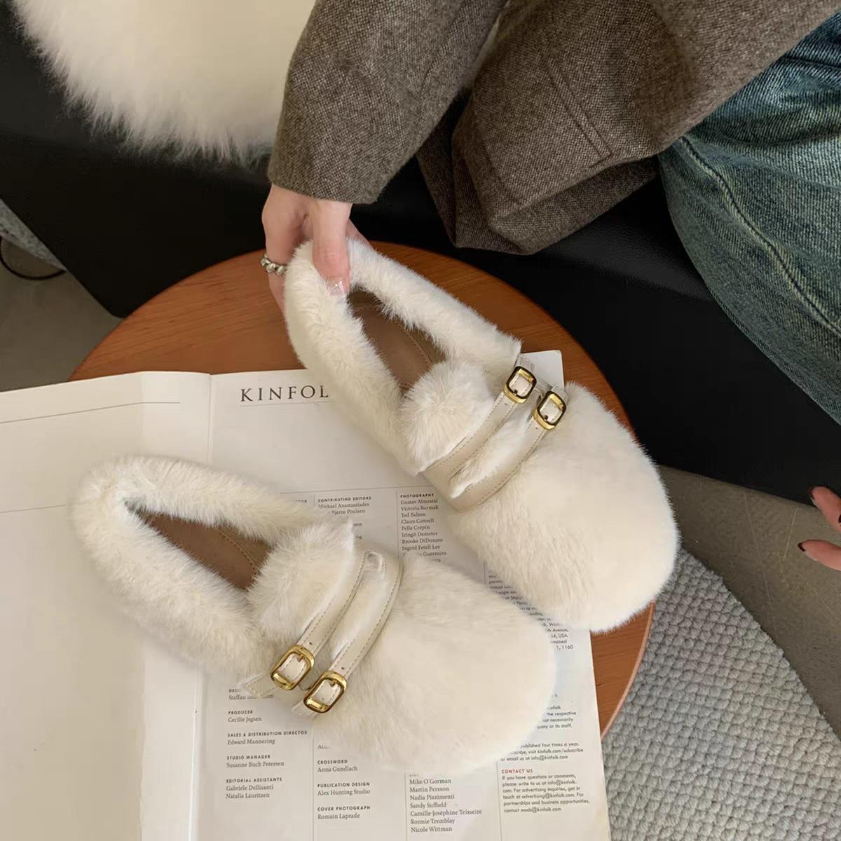 

French square head open-toed slippers fairy fairy wind fluff cotton shoes belt buckle temperament Internet celebrity high sense 40 белый