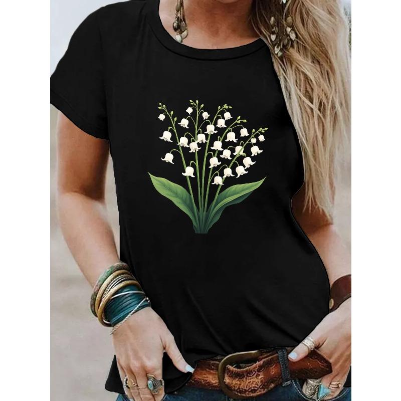 

Casual Short-Sleeve Crew Neck T-Shirt Featuring A Cluster Print of Lily of The Valley Flowers, Perfect for Spring and Summer, Designed for Women S чёрный