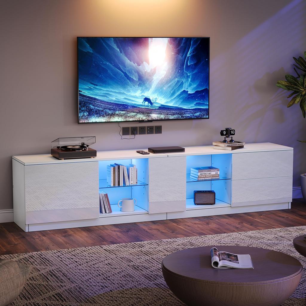 TV Schrank LED-Beleuchtung, Modern für 60/65/70 Zoll, 4 Türen, Glasböden, TV Möbel Weiß & Grau, Wohnzimmer Schlafzimmer