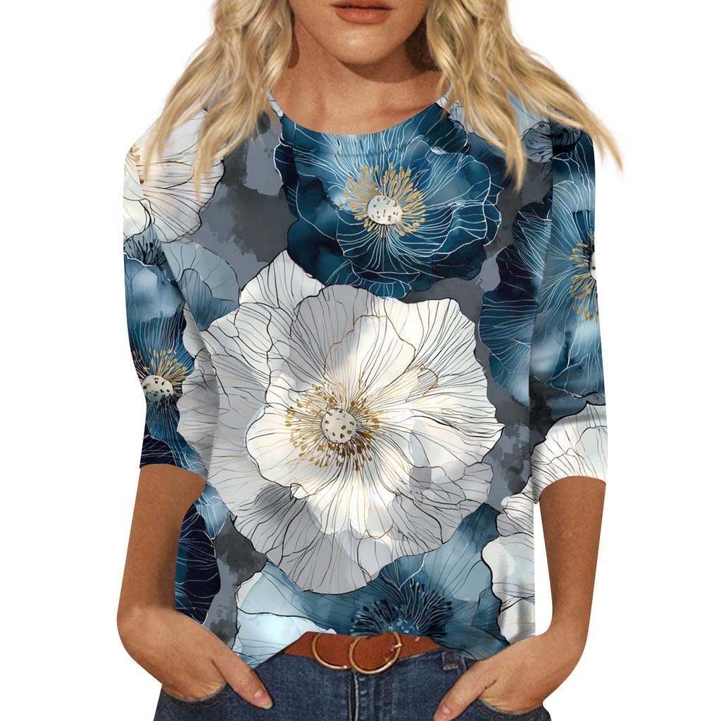 Women's Fashion Casual Round Neck Three-quarter Sleeve Retro Floral Print T-shirt Top