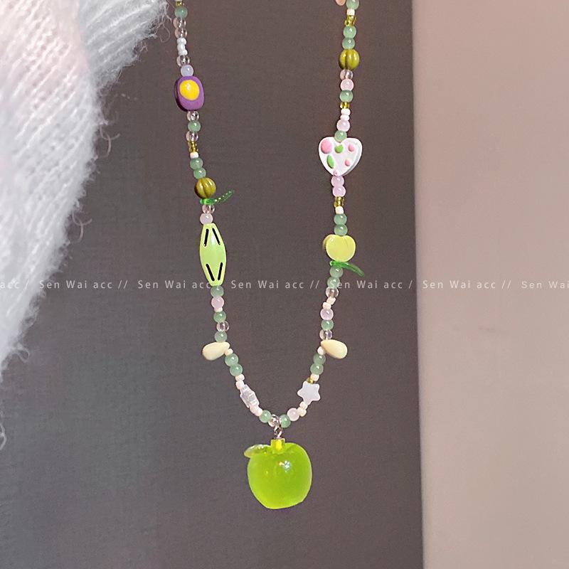 Mori green apple beaded necklace female design sense collarbone chain sweet accessories