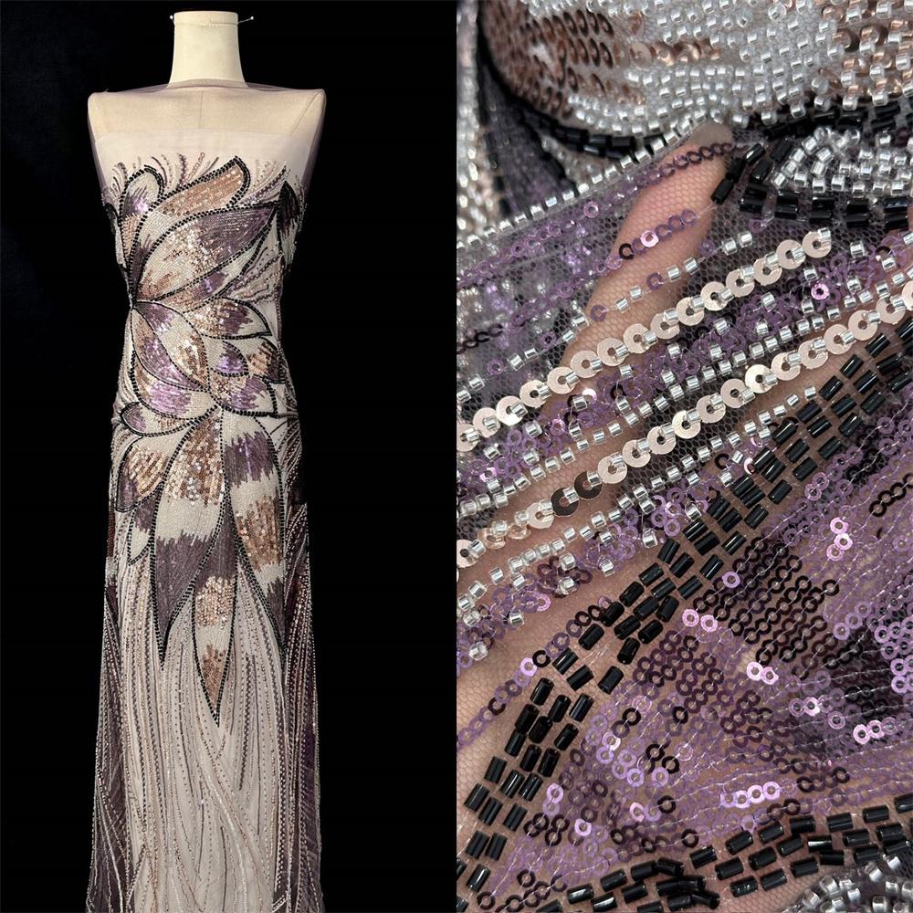 Latest African Beaded Lace Net Fabric 3 Yards 2025 High Quality Nigerian Wedding Material Luxury Sequins Beads Fabric for Sewing