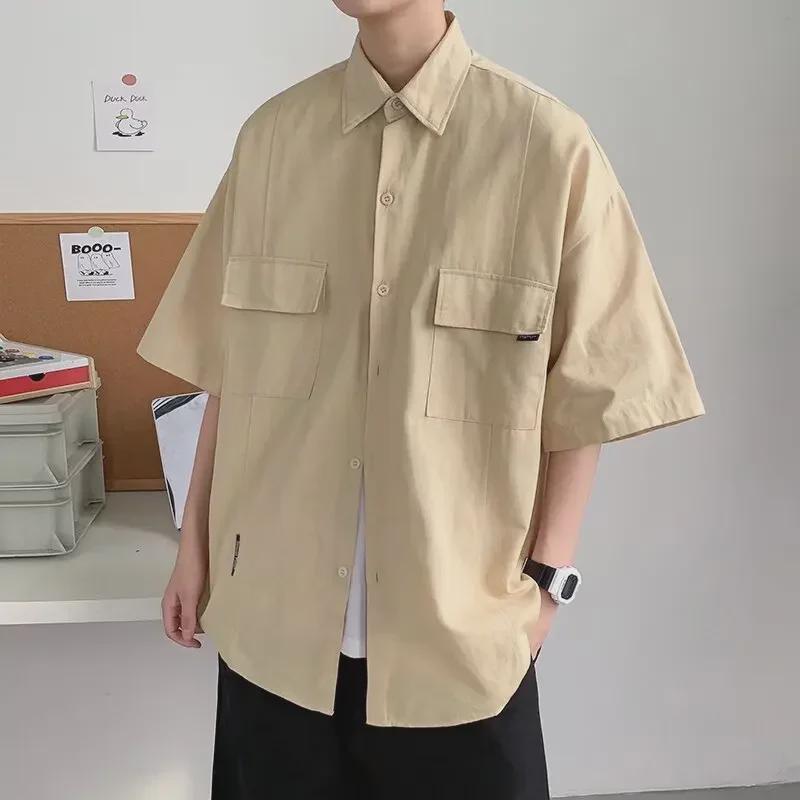 Herr Trendig Militärgrön Kortärmad Arbetsklädskjorta - Japanskt Inspirerad Lös Passform, High-End och Stilren.