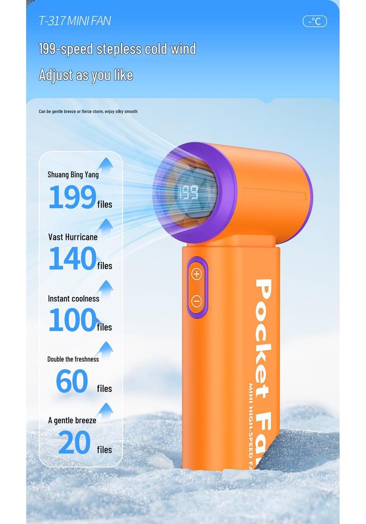 New T317 USB Brushless Handheld Mini Fan: Strong Wind, Digital Display, Portable Turbine.