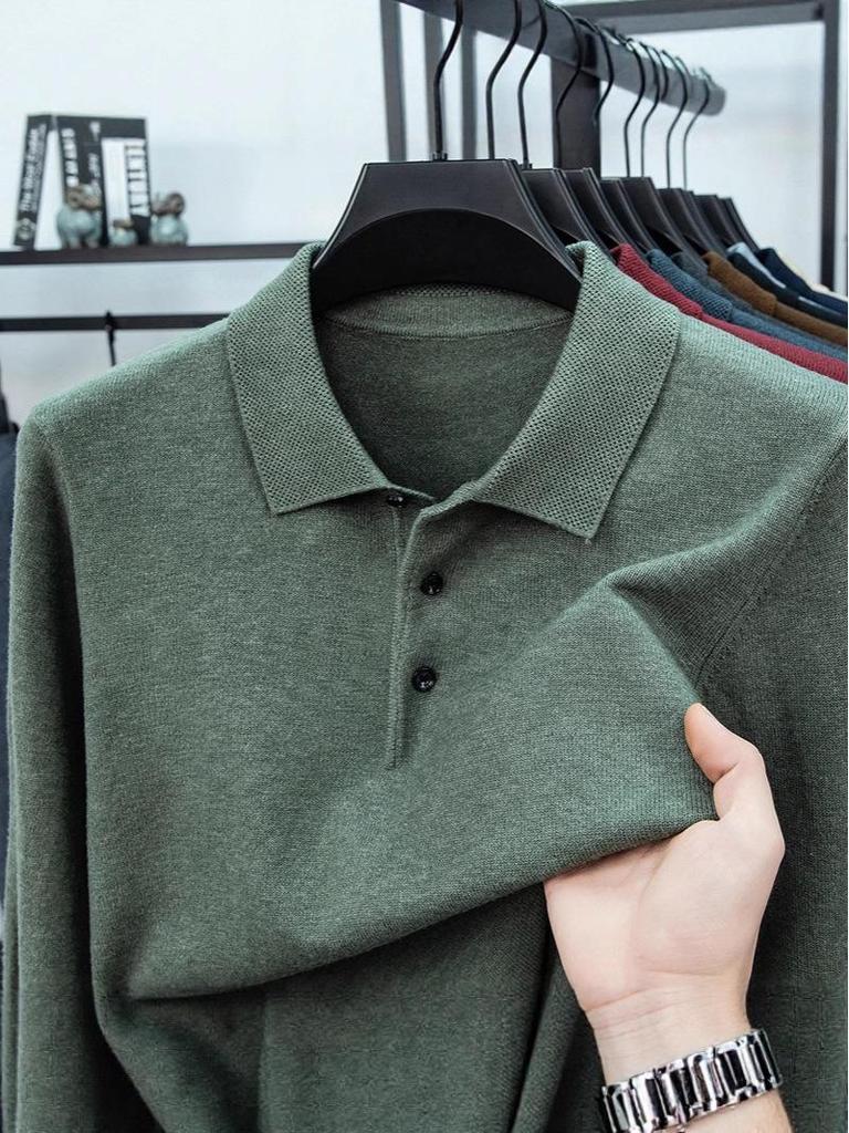 Men's Lapel Solid Color Warm Knit Sweater - Thickened Wool, Cashmere Feel, 2025 Autumn/Winter Collection